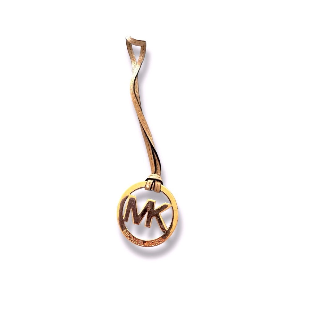 Authentic Michael Kors MK Gold Hanging Logo / Purse Medallion W/ Tan Straps